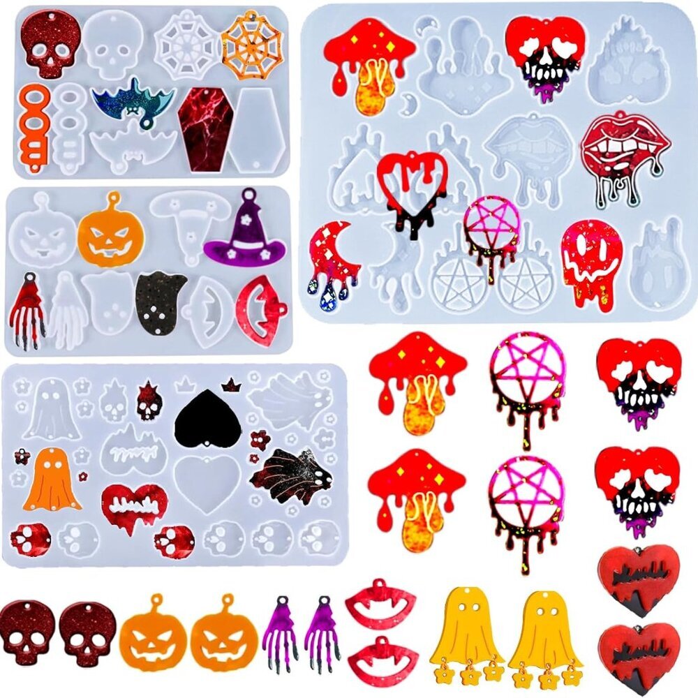 4PCS Halloween Earring Resin Molds with Hole, Various Skull Pumpkin Bat Spider D